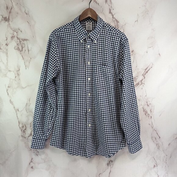 Brooks Brothers Shirt Men Large Blue 1818 Regent Non Iron Original Polo Gingham - Picture 1 of 8